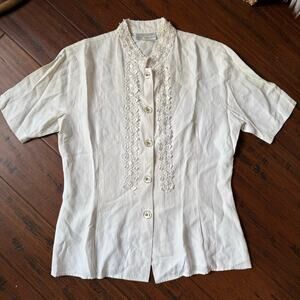 Vintage 90s Embroidered Button Down Short Sleeve Top Size Small Victorian Modest